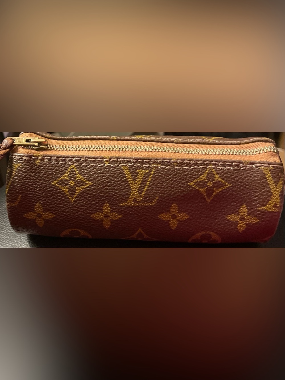 Louis Vuitton Small Monogram Canvas Zip Clutch in Brown and Gold Accents